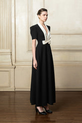 Crepe maxi dress with contrast satin shawl lapel and structured short sleeves